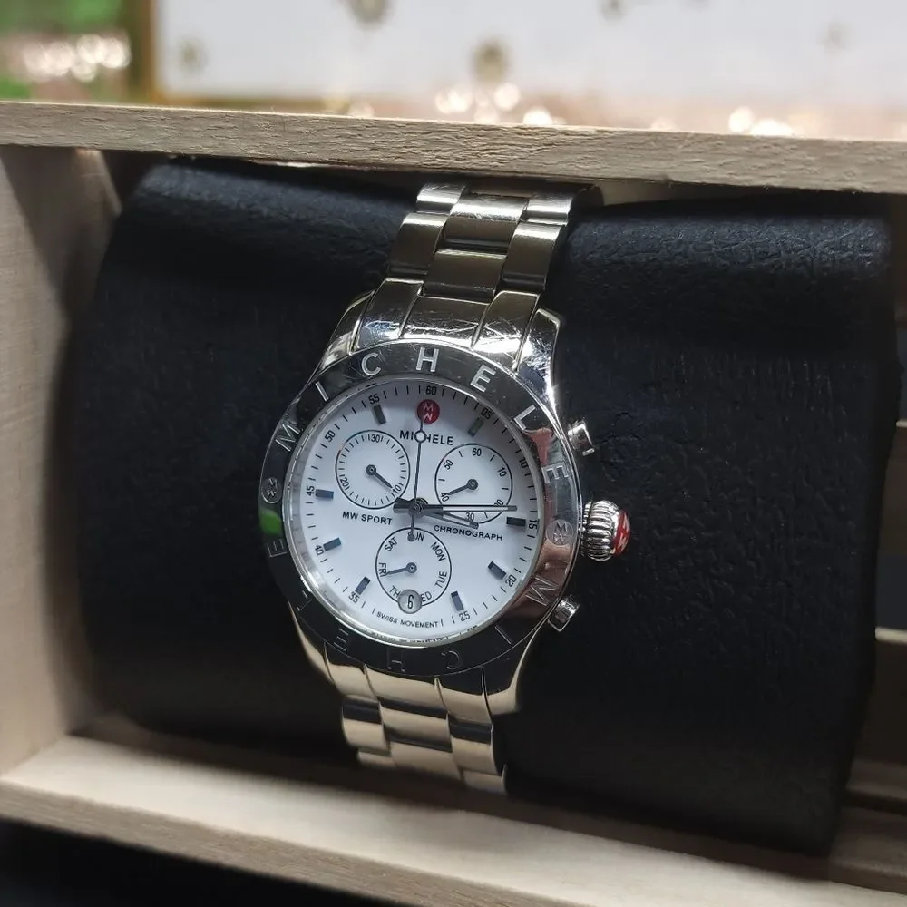 Michele MW Sport Silver Chronograph Swiss Quartz Watch EUC AUTHENTIC